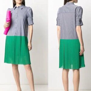 NWT Tommy Hilfiger Two-Tone Pleated Shirt Dress pale blue/forest green